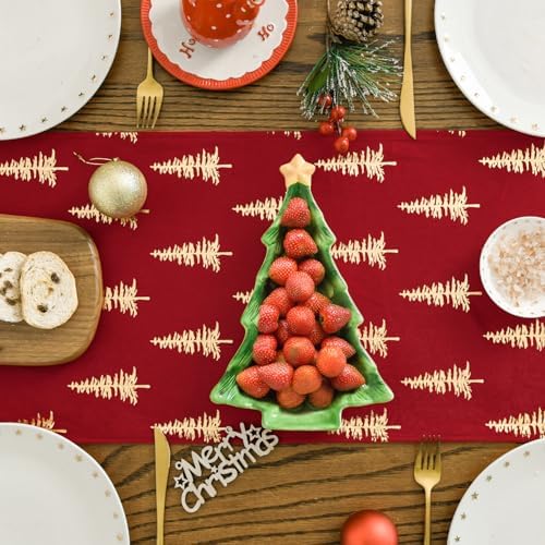 Artoid Mode Christmas Tree Red Dutch Fleece Table Runner, Glitter Metallic Foil Holiday Kitchen Dining Table Decoration for Home Party Decor 13x72 Inch
