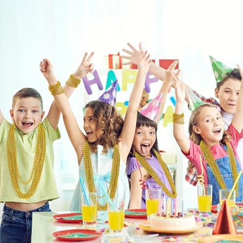 100PCS Mardi Gras Beads, Gold Oval Beaded Necklace Stuff, 32" Mardi Gras Christmas Beaded Necklace Costume Bulk, Festival Parade Throw Accessories for Mardi Gras St Patricks Christmas Celebrations