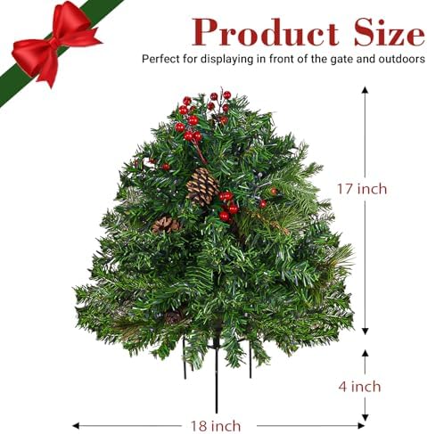 2 Pack Lighted Artificial Christmas Urn Filler 23 Inch, Battery Operated Pre-lit Mini Xmas Trees, Tripod Stake and LED Lights Christmas Porch Decorations
