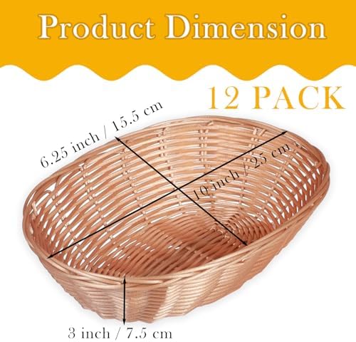 12 Pack Plastic Oval Basket, Empty Bread Basket 10 x 6.25 x 3 Inch Food Storage Basket Bulk, Plastic Wicker Baskets Bin for Kitchen Serving, Centerpiece Display, Christmas Gifts, Brown