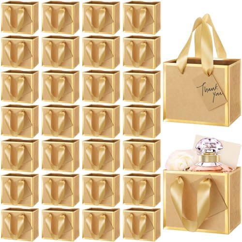 Yeaqee 50 Pcs Mini Metallic Foil Gift Bags with Handles 4x4.75x2.25'' Tiny Thank You Favor Bag with Tag for Fall Thanksgiving Halloween Christmas Wedding Baby Shower Birthday Party(Kraft, Gold)