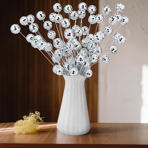 12 Pcs Disco Ball Ornaments Silver Christmas Ornaments Disco Balls Party Decorations Glitter Mini Flower Picks Sticks Bulk 14 Inch Sticks Planter Vases Glitter Stems for Crafts Decor