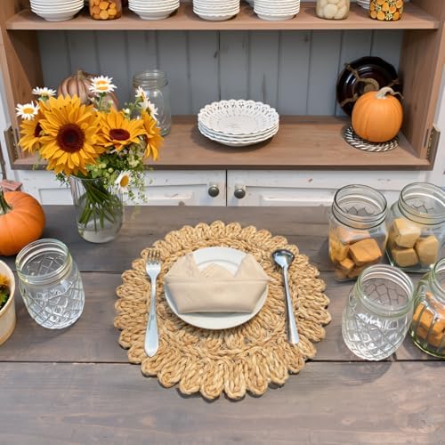 13.8" Round Corn Husk Placemats | Boho Woven Rattan Table Mats | Natural Spring Farmhouse Plate Chargers | Handmade Rustic Wicker Place Mats for Christmas Wedding (Set of 6)