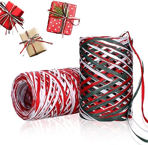 2 Rolls Christmas Raffia - 524 Ft Colored Matte Raffia Paper Ribbon Packing Twine for Craft Gift Wrapping DIY Crafts Holiday Decoration