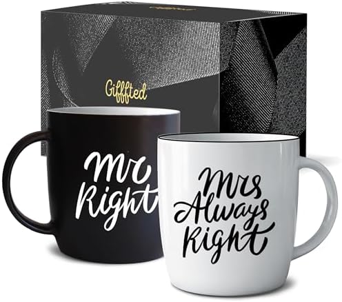 Triple Gifffted Mr Right Mrs Always Right Coffee Mugs Gifts Ideas for Couples, Wedding Anniversary, Engagement, Christmas, His & Hers, Bride and Groom, Parents, Newlyweds Bridal Shower, Ceramic 380ml