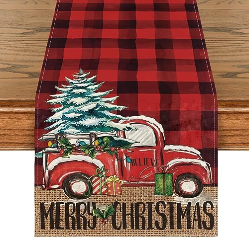 Artoid Mode Red and Black Buffalo Plaid Merry Christmas Tree Table Runner, Seasonal Truck Gifts Kitchen Dining Table Decoration for Outdoor Home Party 13x72 Inch