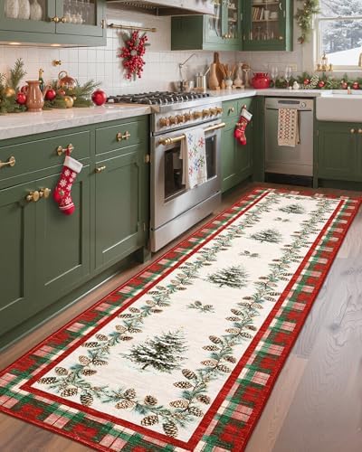 GarveeHome Checkered Christmas Kitchen Runner Rug Red 2x8 Runners for Hallways Non Slip, Washable Christmas Tree Print Floor Runner Rugs Stain Resistant Low-Pile Long Carpet for Entryway Bedroom