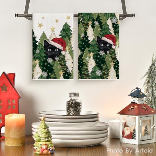 Artoid Mode Black Cat Star Xmas Tree Christmas Kitchen Towels Dish Towels, 18x26 Inch Farmhouse Holiday Winter Decoration Cleaning Set of 2