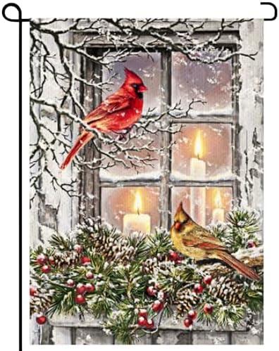 Winter Candle Cardinal Garden Flags 12×18 Inch Double Sided Xmas Cardinal Garden Flags Rustic Farmhouse Yard Red Birds Flags with Pine Twigs Window Candle Berry Outdoor Decor Christmas Garden Flag