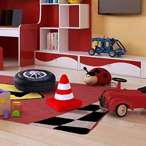 2 Pcs Race Car Room Decor Racing Plush Throw Pillow Set Gift Operation Christmas 15.7 Inch Soft 3D Simulation Wheel Pillow Funny Tire Cone Traffic Light and Stop for Bedroom Decorations(Traffic Cone)