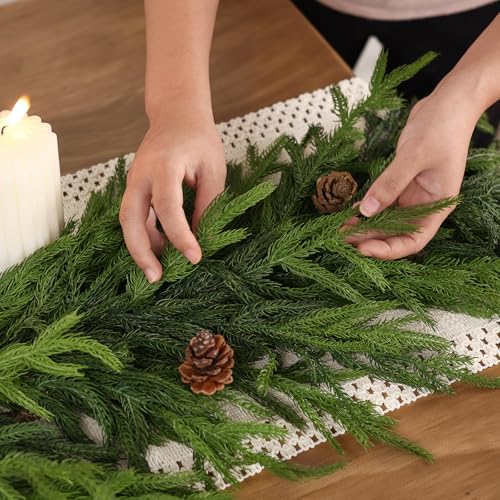 9FT Real Touch Norfolk Pine Garland - Artificial Christmas Garland Fake Green Faux Pine Needles Garland for Table Fireplace Mantle Holiday Home Indoor Outdoor Decor (1PCS)