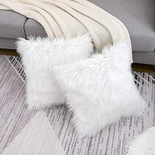 WLNUI Set of 2 White Christmas Decorative Fluffy Pillow Covers New Luxury Series Merino Style Faux Fur Throw Pillow Covers Square Fuzzy Cushion Case for Sofa Bedroom Living Room Home Decor 18x18 Inch