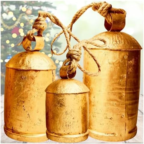 Giant Decorative Cow Bells Set of 3 Huge Christmas Bells for Decoration - XL Vintage Harmony Cowbells Rustic on Jute Rope Hanging Gold Tibetan Lucky Charm (6"-8"-10")