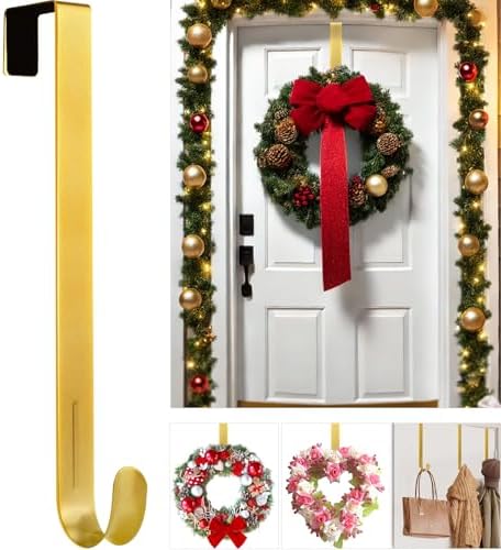 12" Metal Wreath Hanger for Front Door Non-Scratch, Damage-Free Wreath Hanger Heavy Duty, Over-the-Door Hooks for Hanging Welcome Sign, Wreath Holder for Easter, Halloween, Fall, Christmas Decorations