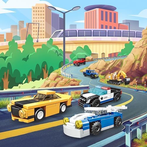 16 Pack Building Blocks Party Favors for Kids, 2 in 1 710pcs Creative Building Kits Mini City Vehicles include Police Car & Train, Christmas Toy Gifts Goodie Bag Fillers Stuffers for Boys Girls Kids
