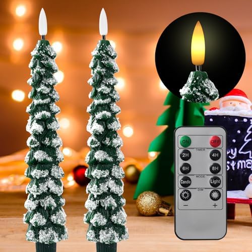 Flameless Christmas Tree Candles with Remote – 2 Pack LED Snowy Tree Battery Operated Candles, Realistic Flickering Flame, Safe Holiday Home Decor for Christmas Decorations & Gifts