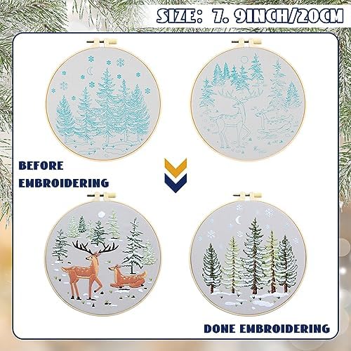 Tigeen 5 Sets Christmas Embroidery Kit for Adults Cross Stitch Embroidery Kit for Winter Snow Scene Christmas Tree with Instructions Hoops Needles Colored Threads Needle