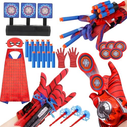 3 Sets Spider Web Shooters Wrist Launcher Toys with Hero Gloves Auto Resetting Boards Spider Cape and Mask Cosplay Costume for Kids Halloween Christmas Birthday Party Present for Boys Girls