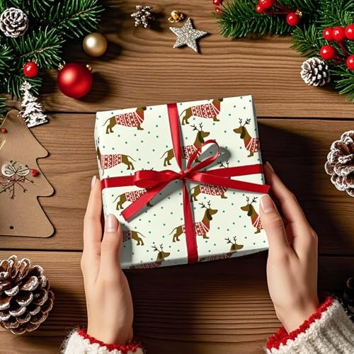 WRAPAHOLIC Dog Christmas Wrapping Paper - Mini Roll - 17 Inch x 16.5 Feet - Chritsmas Dachshund Dog Wrapping Paper for Xmas Holiday, Party Celebration