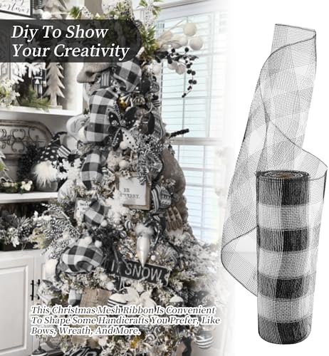 1 Roll Black and White Stripes Deco Mesh Ribbon 10 in x 30 ft, Poly Mesh Rolls for Holiday Decorating DIY Door Wreath Supplies Christmas Tree Halloween Decoration, Flora Crafting & Gift Wrapping