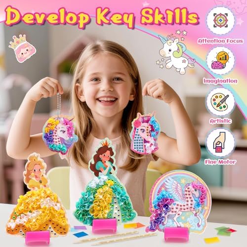 CrispPlay Princess Unicorn Girl Toys, Crafts for Kids Ages 4-8 8-12, 9pcs Poke Art Craft Kits for 4 5 6 7 8 9 Year Old Girls Birthday Christmas Gifts, Pretty Princess Game, Mess Free, Funny