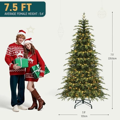 YITAHOME 7.5FT Prelit Slim Fraser Grande Christmas Tree with Remote Control, Artificial Hinged Drooping Pencil Prelit Holiday Christmas Tree w/ 2199 Mixed PE & PVC Tips, 400 Lights & 11 Light Modes