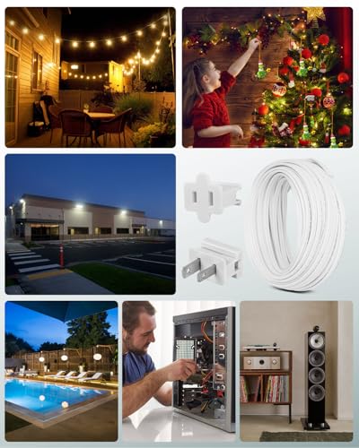 18 Gauge SPT-1 Wire 50FT, UL Listed 18 AWG 2 Conductor Zip Cord Hookup Stranded Copper 18/2 Wire with 4 Vampire Plugs for Landscape Lighting, Christmas, Indoor/Outdoor String Lamp Cord, White