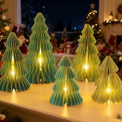 5Pcs Christmas Honeycomb Table Decorations Indoor, Lighted 3D Honeycomb Paper Christmas Trees, Vintage Green Table Centerpieces for Xmas Frozen Winter Holiday Party Home Decor, 8/10/12 Inch