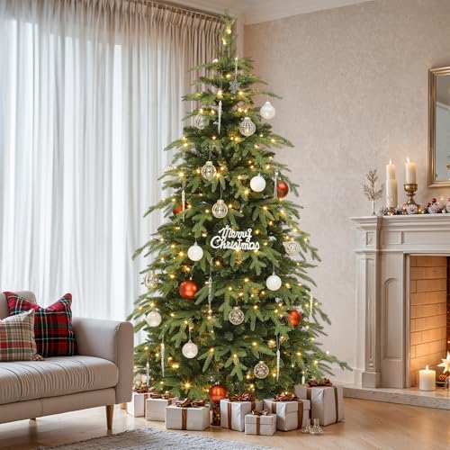 YITAHOME 7.5FT Prelit Slim Fraser Grande Christmas Tree with Remote Control, Artificial Hinged Drooping Pencil Prelit Holiday Christmas Tree w/ 2199 Mixed PE & PVC Tips, 400 Lights & 11 Light Modes