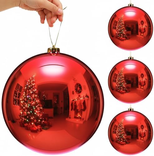 Zubebe 4 Pcs Extra Large Christmas Ball Ornaments 8'' (200 Mm) Giant Oversized Plastic Xmas Ball Big Hanging Christmas Tree Ornaments for Holiday Party Outdoor Decor(Shiny Red)