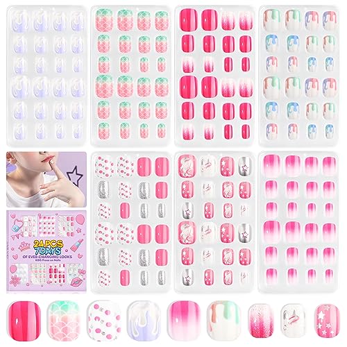 SAVILAND 168Pcs 7 Pack Press on Nails for Kids Children Fake Nails Stick on Nails Pre-glue Full Cover Glitter Gradient Color Star Short Acrylic Nail Tips Nail Art Christmas Easter Gifts for 8-12 Year