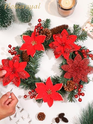Floweroyal 30pcs Poinsettia Artificial Christmas Flowers Decorations with Clips and Berry Stems Glitter Ornaments for Christmas Tree Wreath Fireplace Stairs Decor (Red-3 Styles)