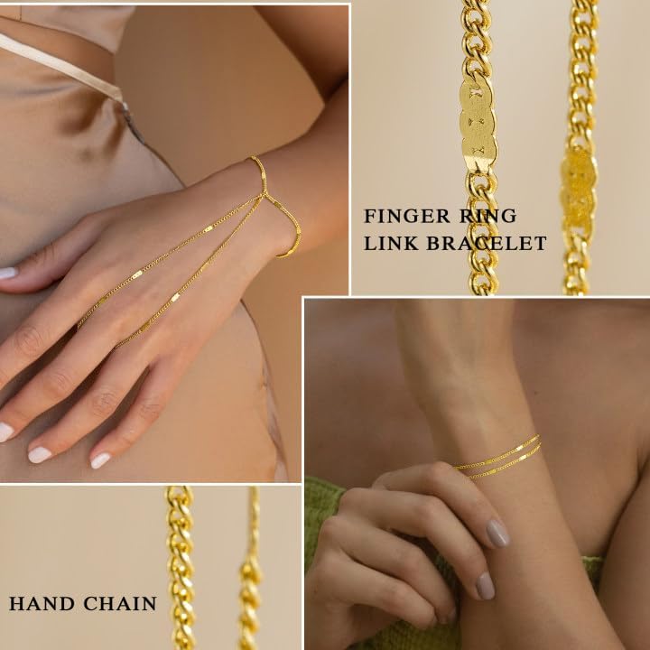 Yoosteel Hand Chain Bracelet for Women - Dainty 14K-Gold-Plated Finger Ring Hand Chains Layered Trendy Link Bracelets Jewelry Gifts for Women