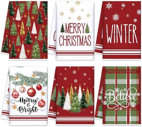 Oudain 6 Pcs Christmas Kitchen Towels Red Green Xmas Tree Tea Dishtowels Decorative Plaid Bathroom Hand Towel Farmhouse Red Green Christmas Decorations for Kitchen Bath Housewarming Home Gifts
