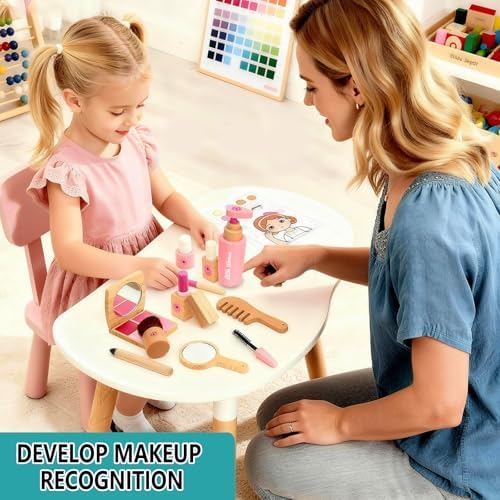 Wooden Pretend Makeup Kit for Toddlers: Non Toxic Mess Free Play Makeup Toy Set for 2 3 4 Year Old Girls - Perfect Toddler Montessori Toys Christmas Birthday Gift Ideas