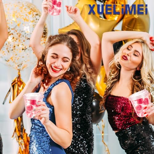 12oz Disposable Stemless Glasses With Strawless Sip Lids,PET Disposable Drinking Cups,Clear Plastic Wine Glasses for Parties Birthday,Wedding,Meeting,Christmas Party Supplies. (50, Pink)