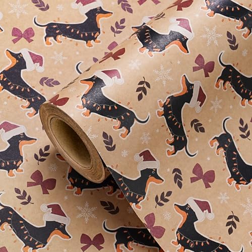 WRAPAHOLIC Kraft Dog Christmas Wrapping Paper - Mini Roll - 17 Inch x 16.5 Feet - Dachshund Dog and Red Bow Wrapping Paper for Christmas, Holiday, Party Celebration