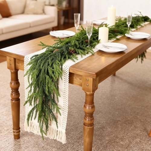 9FT Real Touch Norfolk Pine Garland - Artificial Christmas Garland Fake Green Faux Pine Needles Garland for Table Fireplace Mantle Holiday Home Indoor Outdoor Decor (1PCS)