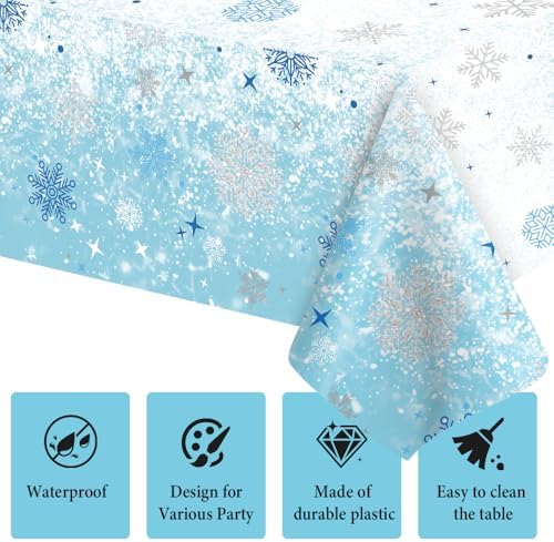 2 PCS Blue White Plastic Snowflake Tablecloth(54x108 Inch) Frozen Birthday Winter Wonderland Decorations Disposable Table Cover Tablecloths for Christmas Holiday New Year Party Favors Supplies Decor