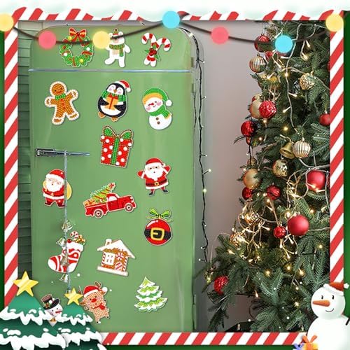 16Pcs Christmas Magnet Diamond Art Painting for Refrigerator DIY Diamond Fridge Magnet Stickers Christmas Tree Penguin Snowflake Gnome Magnetic Car Magnets Garage Door Decoration for Holiday