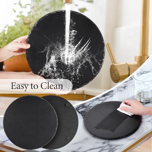 11 x 11 In 4 Pack Slate Cheese Boards, Round Black Stone Plates Charcuterie Boards Serving Tray Slate Platter for Halloween Christmas, Party, Gifts