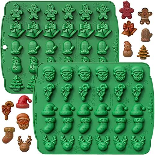 (2 Pack) Christmas Candy Molds, 60 Cavity Christmas Gummy Molds, Santa Clause Snowman Gingerbread Man Tree Shape Christmas Silicone Molds for Mini Chocolate Biscuit Jelly Baking