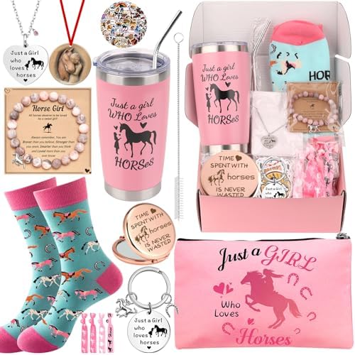 Horse Gifts for Girls Teens 6-8-10-12-14 Horse Lovers Tumbler Cup Bracelet Necklace Socks 10PCS Horses Stuff Cool Boxes Set for Daughter Granddaughter Birthday Back to School Christmas