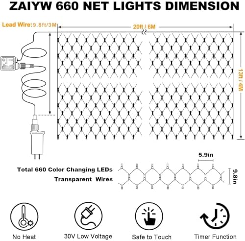 ZAIYW 660 LED Net Lights Outdoor Mesh Lights, 20Ft x 13Ft Large Christmas Net Lights Plug in with Remote Control Timer for Bushes Xmas Shrubs Wall Wedding Tree Decor (Warm White)