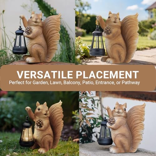 Solar Squirrel Garden Statue Outdoor Decor, Squirrel Sculpture with Lantern for Yard Lawn Patio Balcony, Christmas Birthday Housewarming Gifts for Mom, Grandma, Women, Brown,Resin