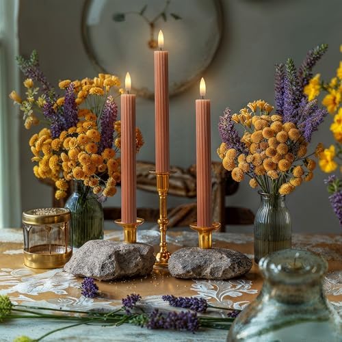 12 Pack, 10" LED Flameless Brown Tan Fluted Ribbed Grooved Taper Candles w/ 2 Remotes & 24h Timer Memory, On/Off Button, Dimmable, Flicker Mode, Battery Operated, Christmas Menorah Wedding