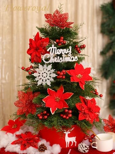 Floweroyal 30pcs Poinsettia Artificial Christmas Flowers Decorations with Clips and Berry Stems Glitter Ornaments for Christmas Tree Wreath Fireplace Stairs Decor (Red-3 Styles)
