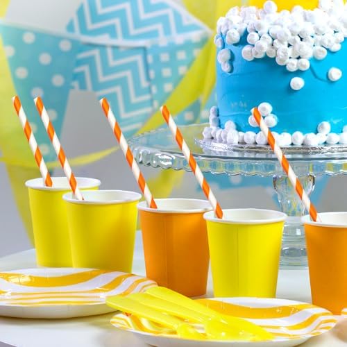100 Packs Orange Biodegradable Striped Paper Straws, Disposable Drinking Straws for Birthday Carnival Summer Pool Party Wedding Baby Shower Halloween Christmas Party Decoration Supplies