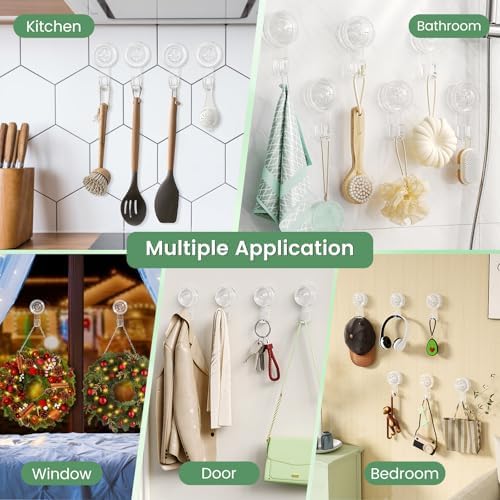 LUXEAR Suction Cup Hooks 4 Pack, Single Hook Design - Waterproof Vacuum Suction Hangers for Bathroom Kitchen, Removable Reusable PVC Suction Hooks for Towel Loofah Bathrobe Christmas Decor