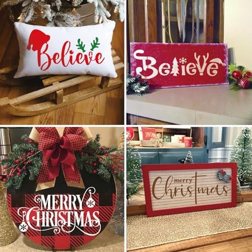 12 Pcs Christmas Stencils Reusable Let it Snow Believe Stencil Template Merry Christmas Stencils for Painting on Wood DIY Crafts Window Doormat Door Hanger Sign (12 Christmas)